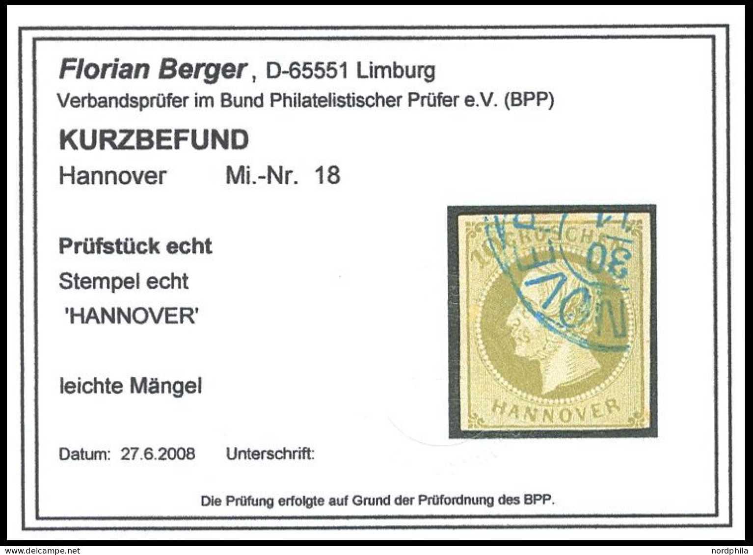 HANNOVER 18 O, 1861, 10 Gr. Dunkelgrünlicholiv, Rückseitig Winzige Schürfung Sonst Pracht, Diverse Altsignaturen Und Kur - Hannover