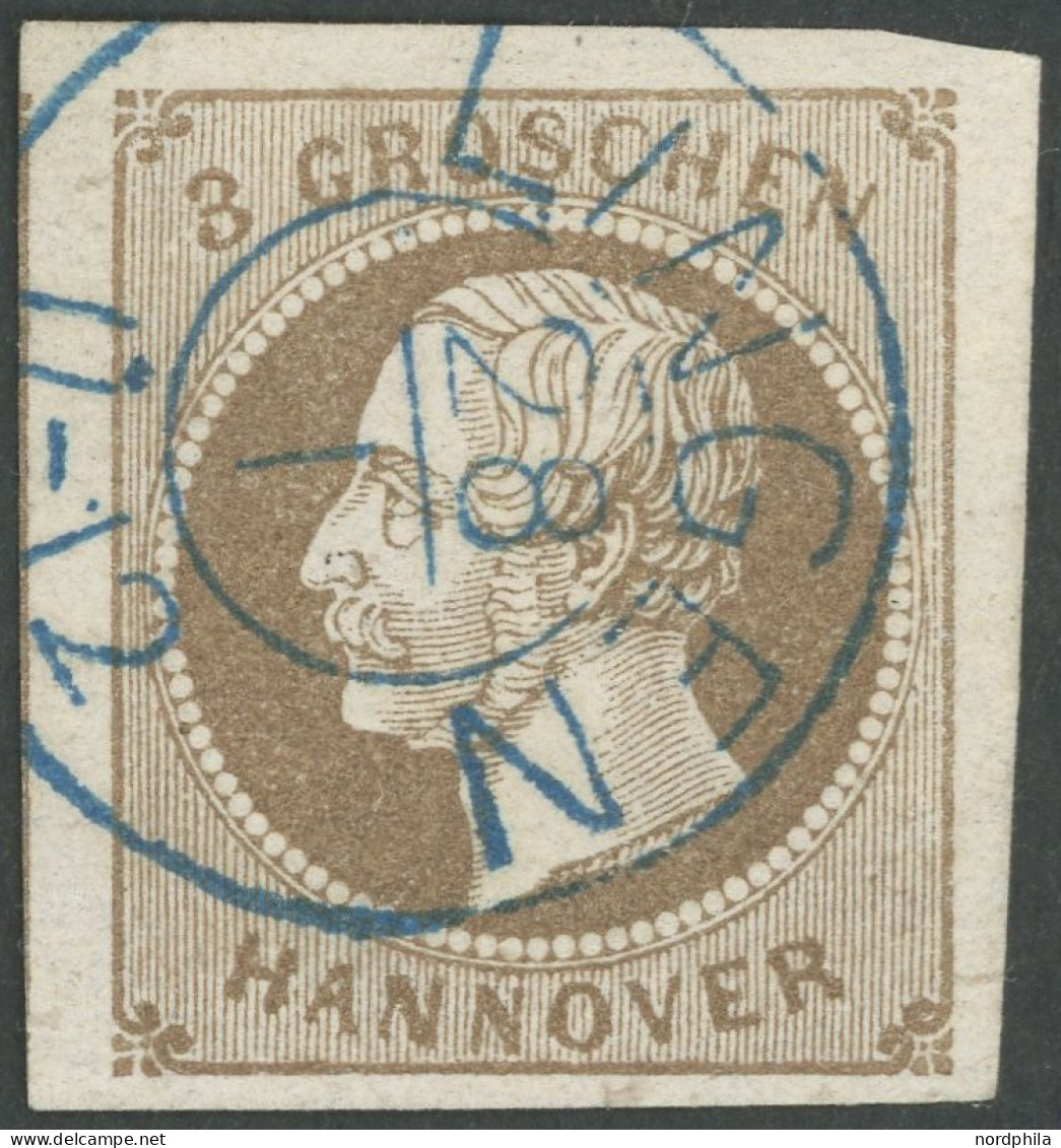 HANNOVER 19a O, 1861, 3 Gr. Braun, Blauer K2 LINGEN, Riesenrandig, Kabinett - Hanover