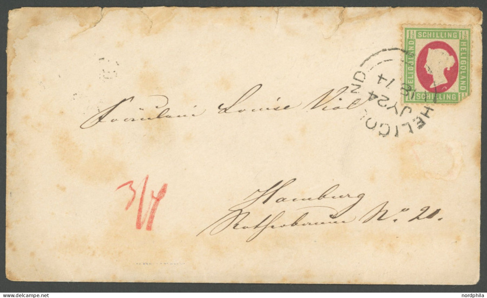 HELGOLAND 10 BRIEF, 1874, 11/2 S. Hellgrün/karmin (rechte Untere Ecke Fehlt) Auf Brief Nach Hamburg, Rückseitiger Hufeis - Heligoland