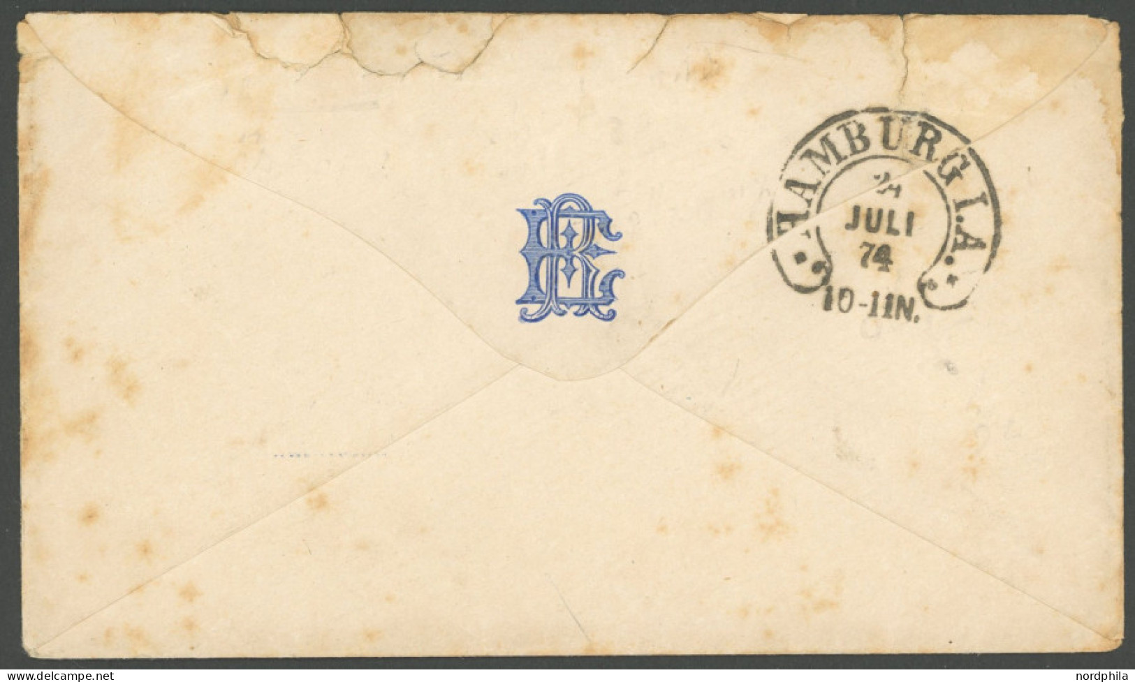 HELGOLAND 10 BRIEF, 1874, 11/2 S. Hellgrün/karmin (rechte Untere Ecke Fehlt) Auf Brief Nach Hamburg, Rückseitiger Hufeis - Heligoland