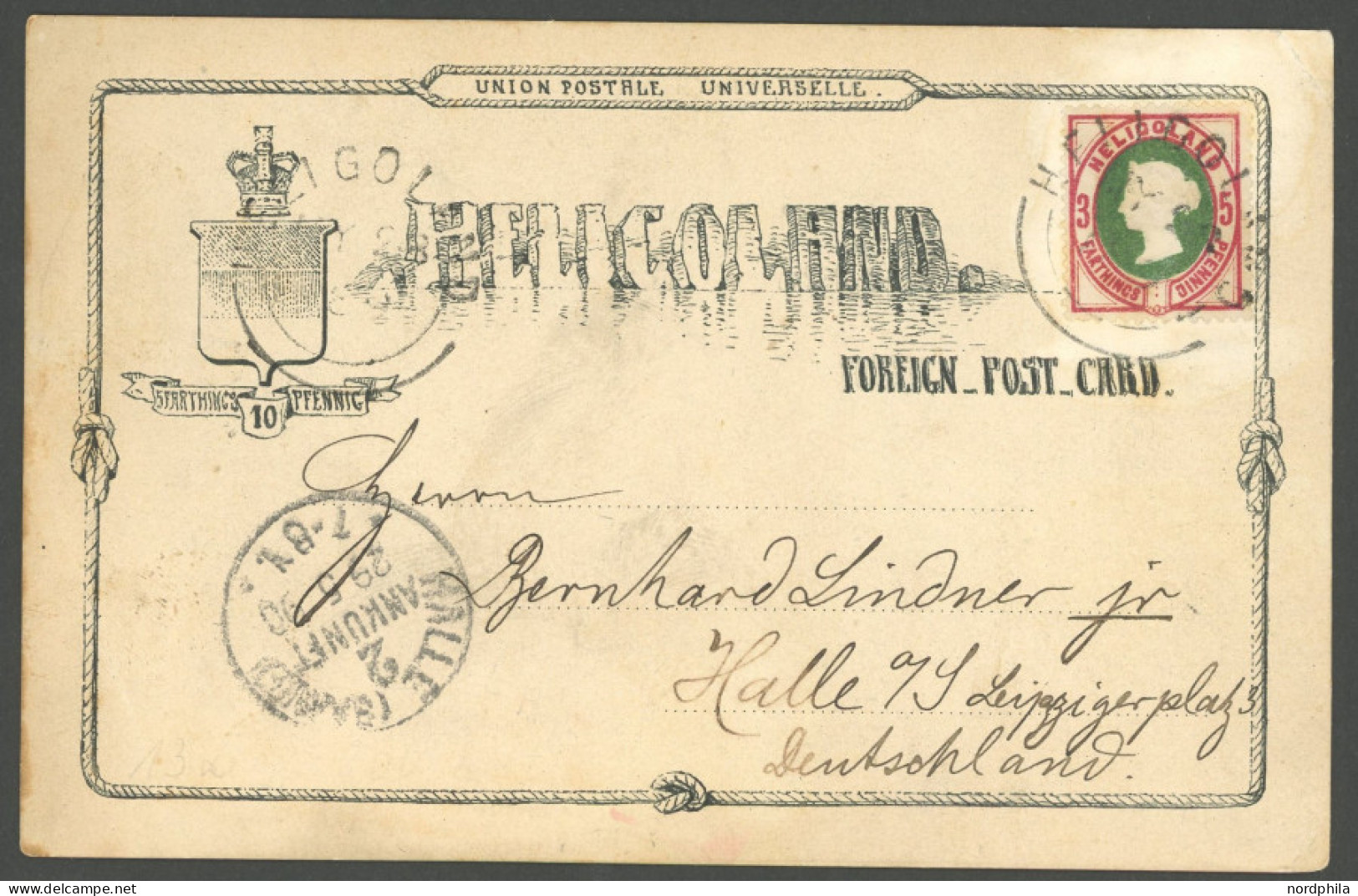 HELGOLAND 13a BRIEF, 1890, 5 Pf. Lilakarmin/grün Als Zusatzfrankatur Auf 10 Pf. Ganzsachenkarte (P 6) Nach Halle, Feinst - Heligoland