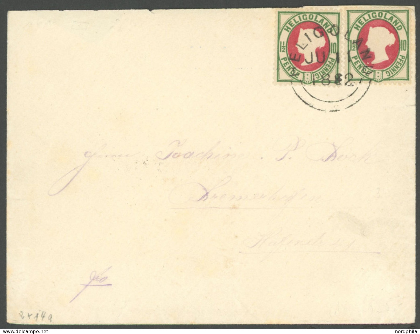 HELGOLAND 14a BRIEF, 1888, 10 Pf. Dunkelgrün/dunkellilakarmin, 2x Auf Brief Nach Bremerhaven, Kleine Mängel, Feinst, Gep - Helgoland