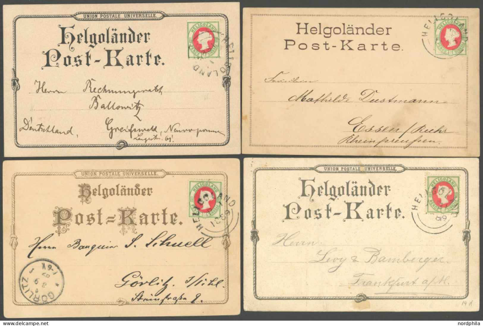 HELGOLAND 14d BRIEF, 1889, 10 Pf. Hellgrün/mittelrot Auf 4 Verschiedenen Ansichtskarten, Feinst/Pracht - Helgoland