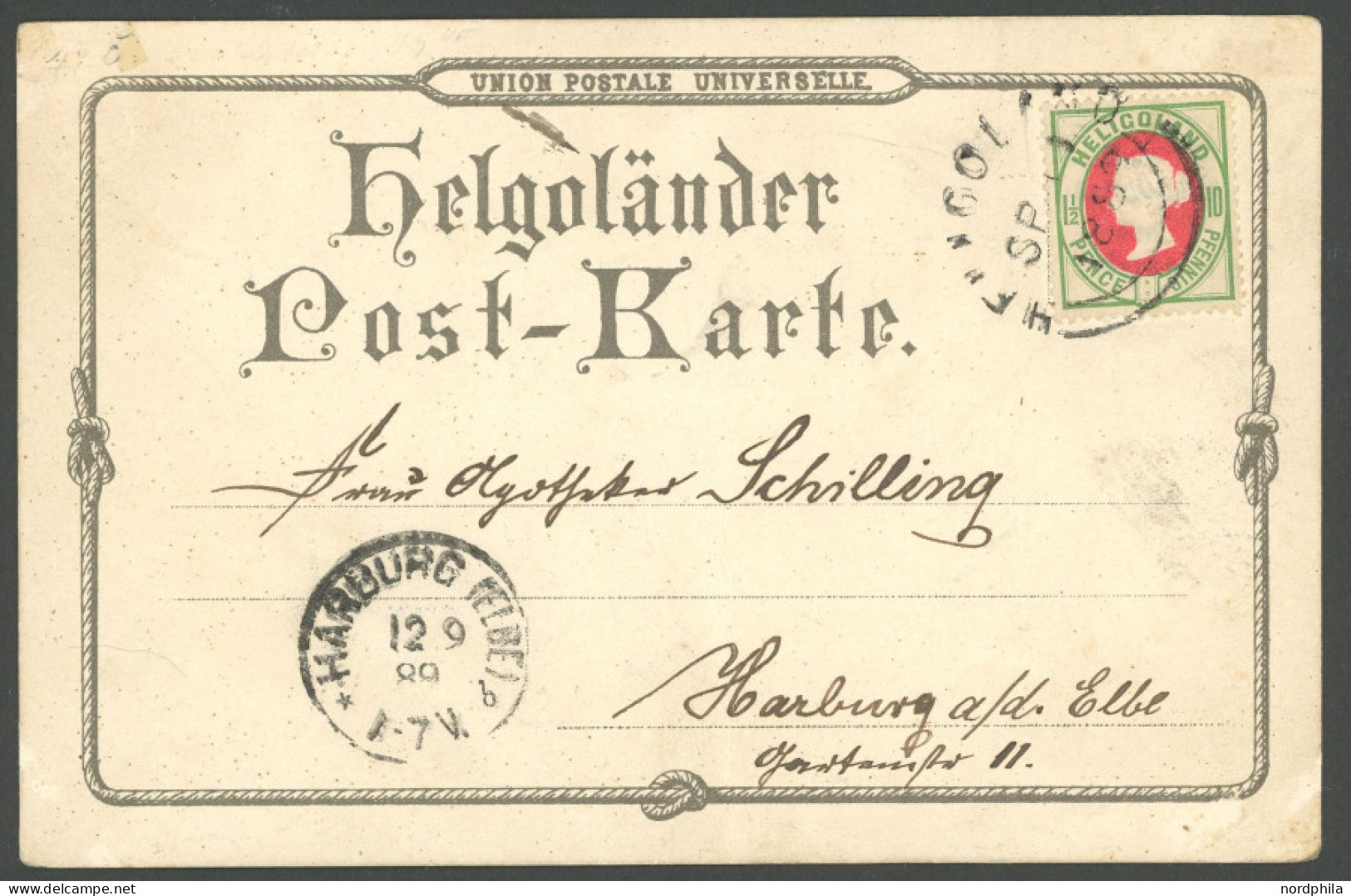 HELGOLAND 14d BRIEF, 1889, 10 Pf. Hellgrün/mittelrot Auf Ansichtskarte (leicht Gefaltet) Nach Harburg, Pracht, Gepr. Lem - Héligoland