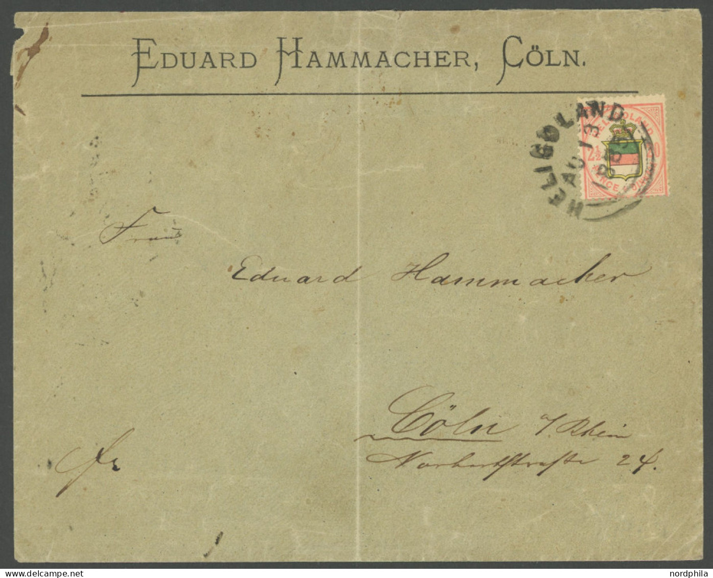 HELGOLAND 18e BRIEF, 1885, 20 Pf. Lebhaftrosa/hellrötlichgelb/graugrün Auf Brief Nach Köln, Bügig, Feinst, Gepr. Lemberg - Helgoland