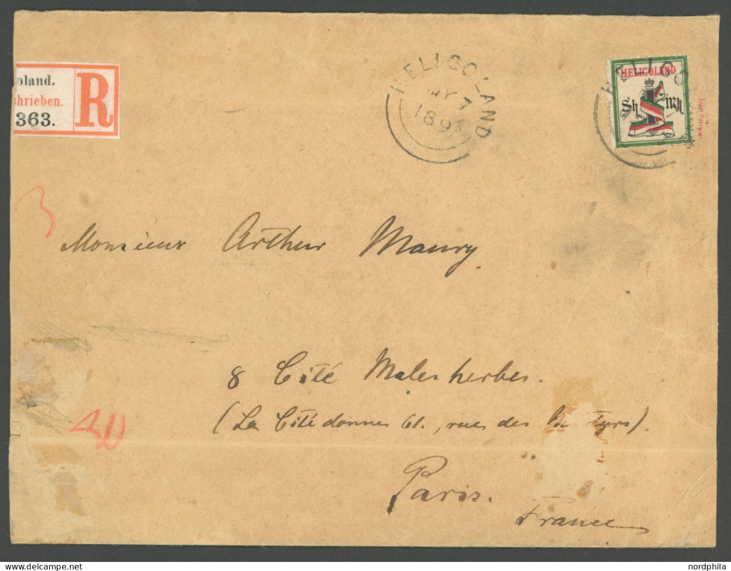HELGOLAND 19Ab BRIEF, 1890, 1 M. Blaugrün/grauschwarz/mittelrosa Auf Nicht Ganz Vollständig Gesiegeltem Einschreibbrief  - Helgoland