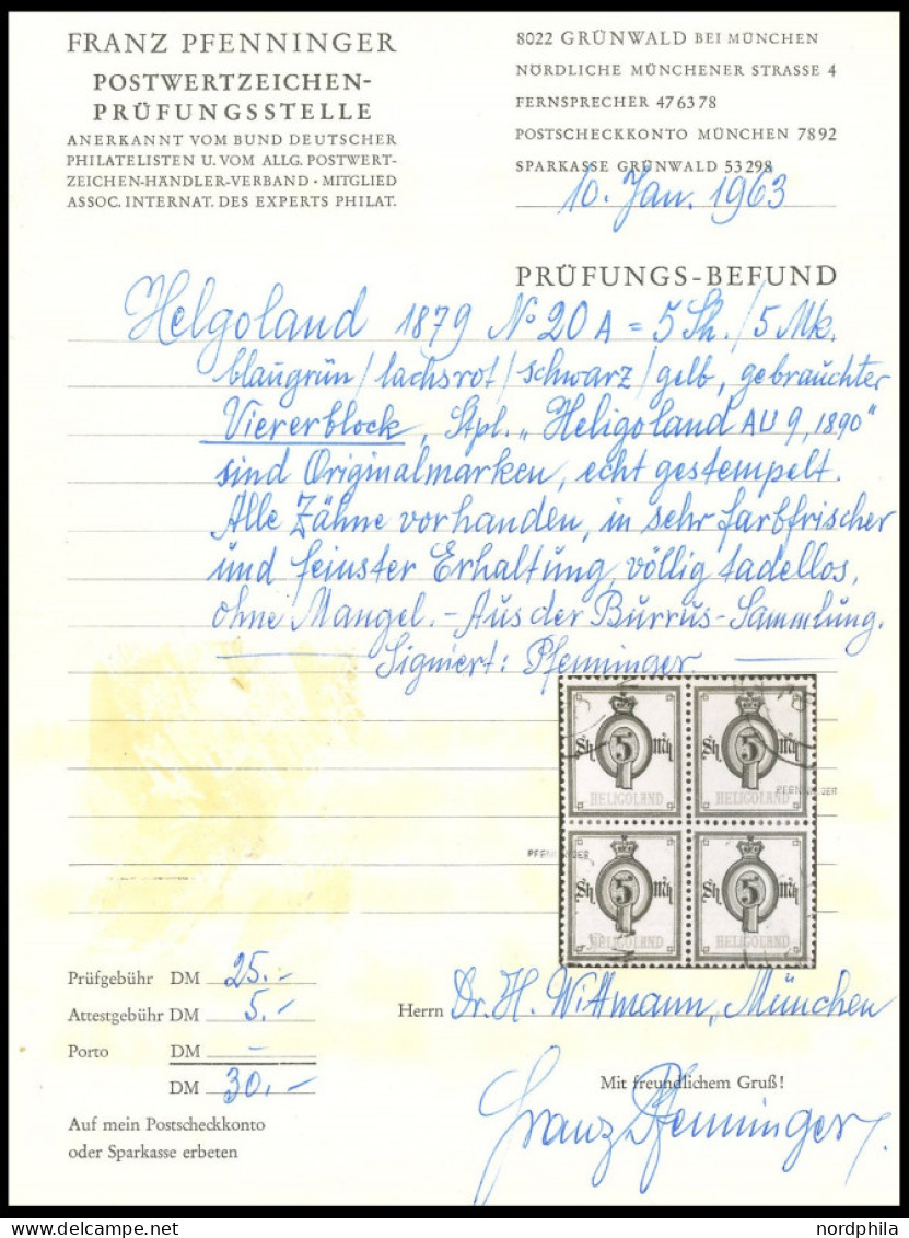 HELGOLAND 20A VB O, 1879, 5 M. Wertziffer Im Oval Im Gestempelten Viererblock, Farbfrisch, Pracht, Mi. Ohne Notierung, G - Helgoland