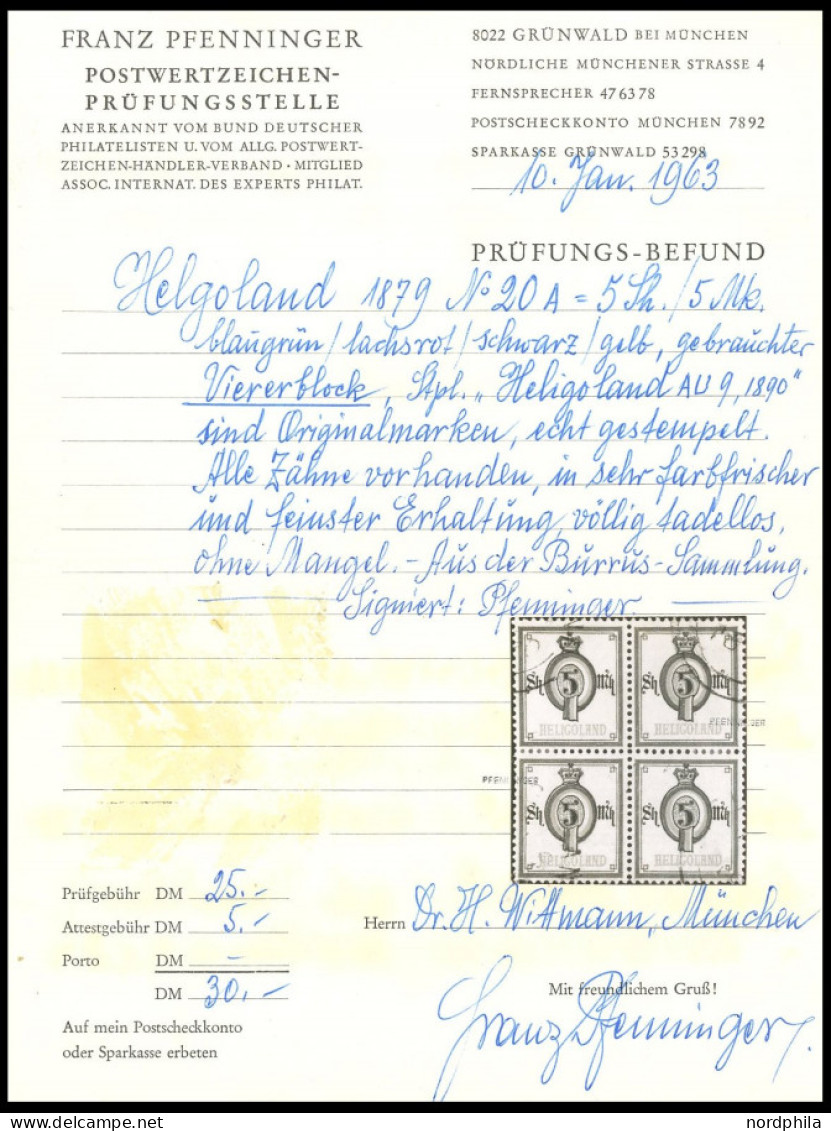 HELGOLAND 20A VB O, 1879, 5 M. Wertziffer Im Oval Im Gestempelten Viererblock, Farbfrisch, Pracht, Mi. Ohne Notierung, G - Héligoland