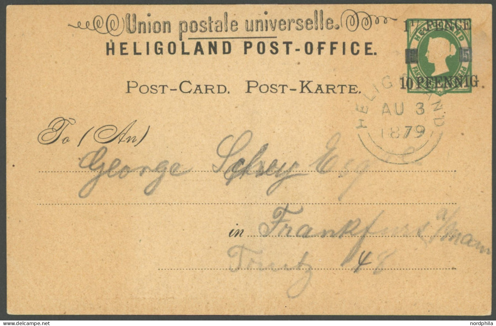 HELGOLAND P 3I BRIEF, 1879, 10 Pf. Grün, Strich 251/2 Lang, Karte Nach Frankfurt, Feinst, Gepr. Schulz, Mi. 150.- - Héligoland