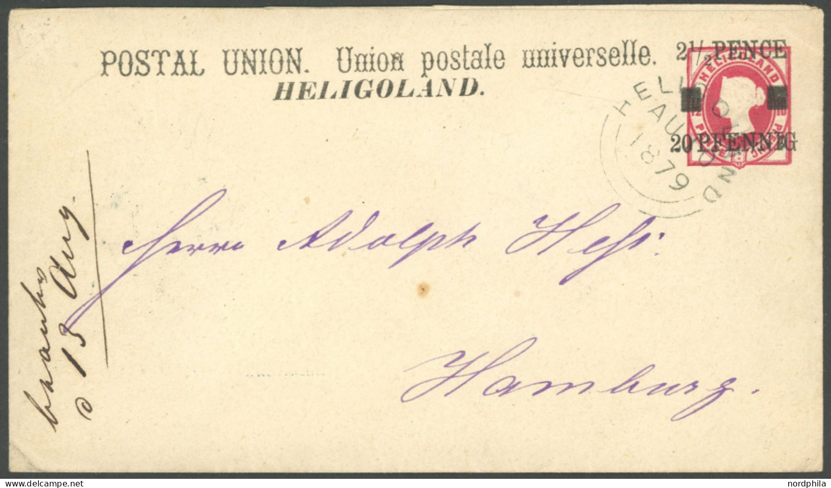 HELGOLAND U 2I BRIEF, 1879 20 Pf. Auf 10 Pf. Rot, Pfennig In Gleichmäßigen Typen, Brief Nach Hamburg, Pracht, Mi. 400.- - Helgoland