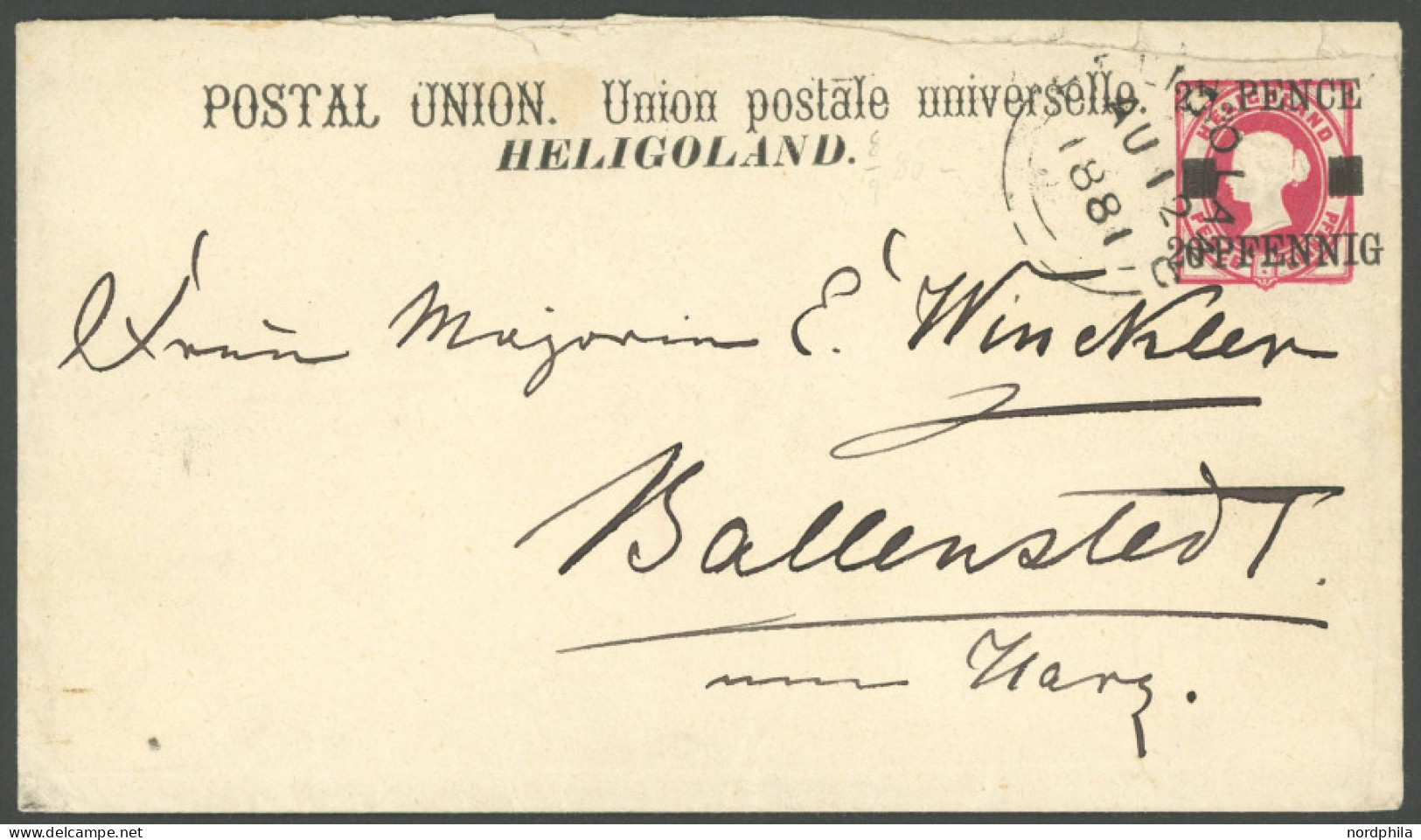 HELGOLAND U 2I BRIEF, 1881, 20 Pf. Auf 10 Pf. Rot, Pfennig In Gleichmäßigen Typen, Auf Brief Nach Ballenstedt, Oben Leic - Héligoland