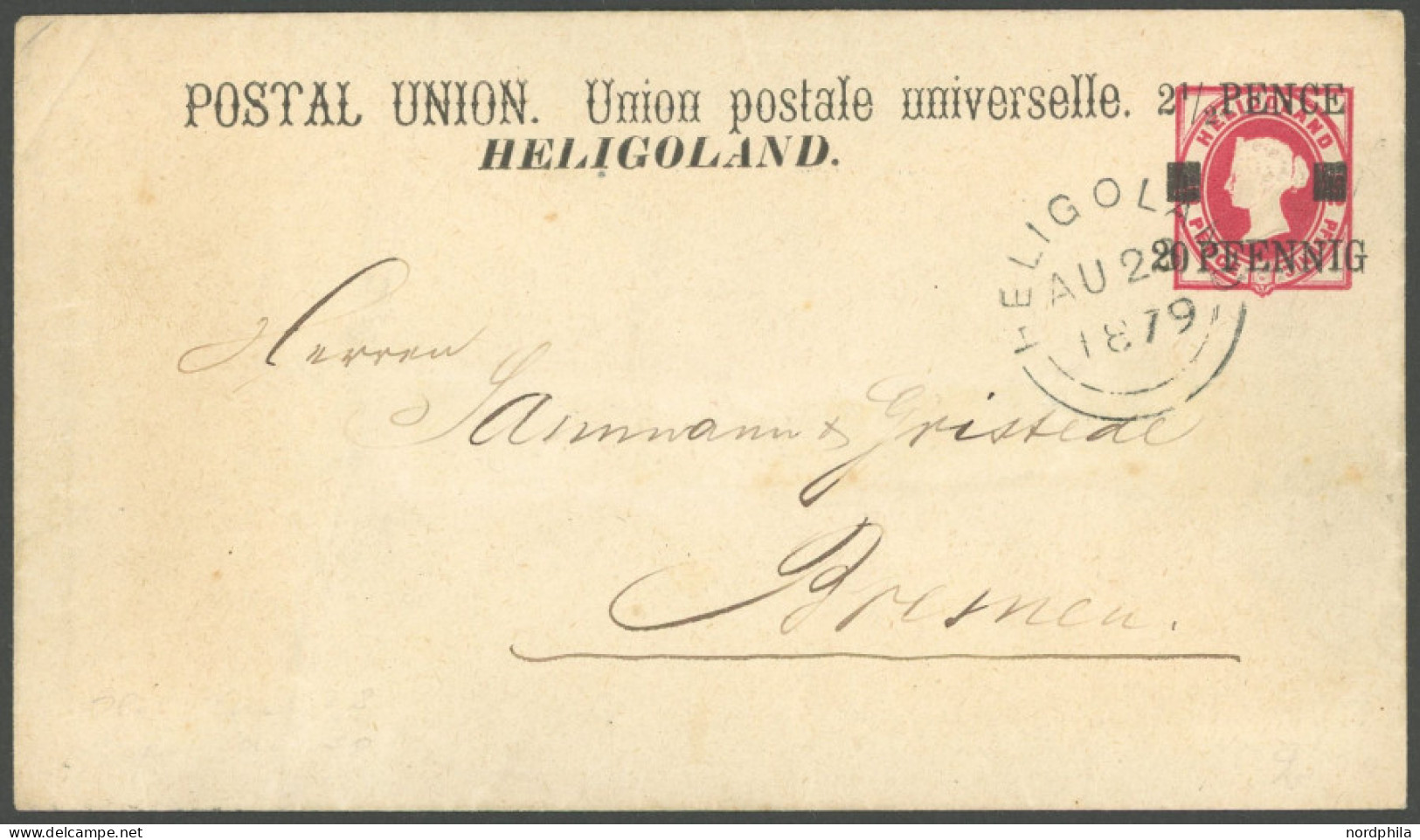 HELGOLAND U 2I BRIEF, 1879, 20 Pf. Auf 10 Pf. Rot, Pfennig In Gleichmäßigen Typen, Auf Brief Nach Bremen, Feinst - Helgoland