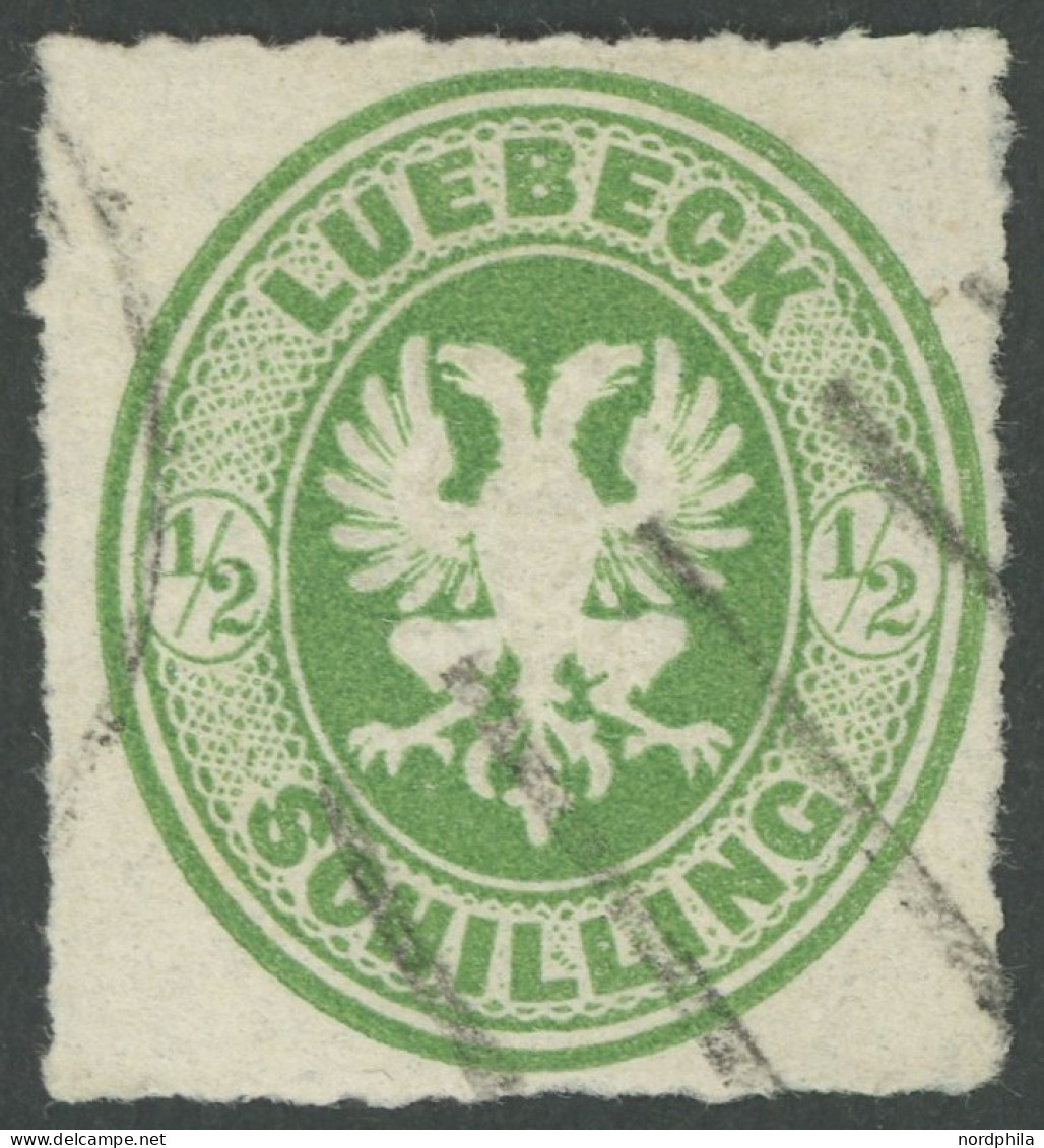 LÜBECK 8 O, 1863, 1/2 S. Dunkelgelblichgrün, Strichstempel!, Pracht, Signiert - Lübeck
