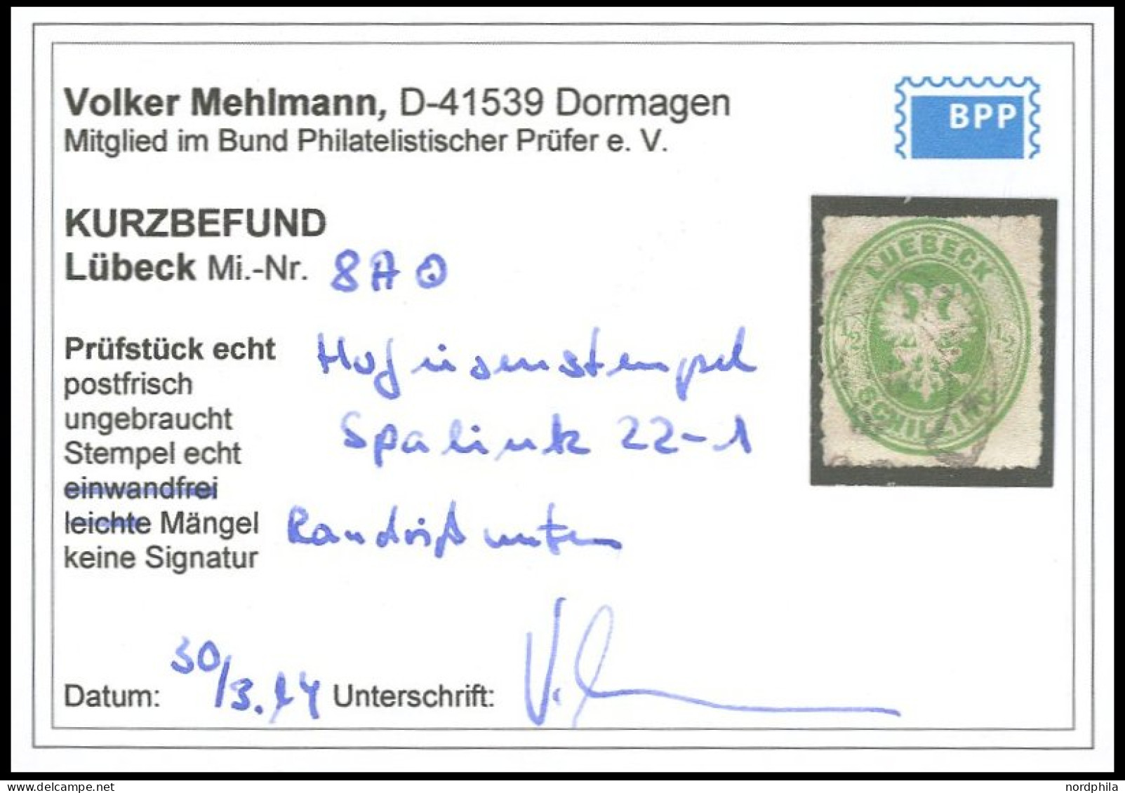 LÜBECK 8A O, 1863, 1/2 S Dunkelgelblichgrün Mit Hufeisenstempel (Sp 22-1), Kleine Mängel, Kurzbefund Mehlmann - Lübeck