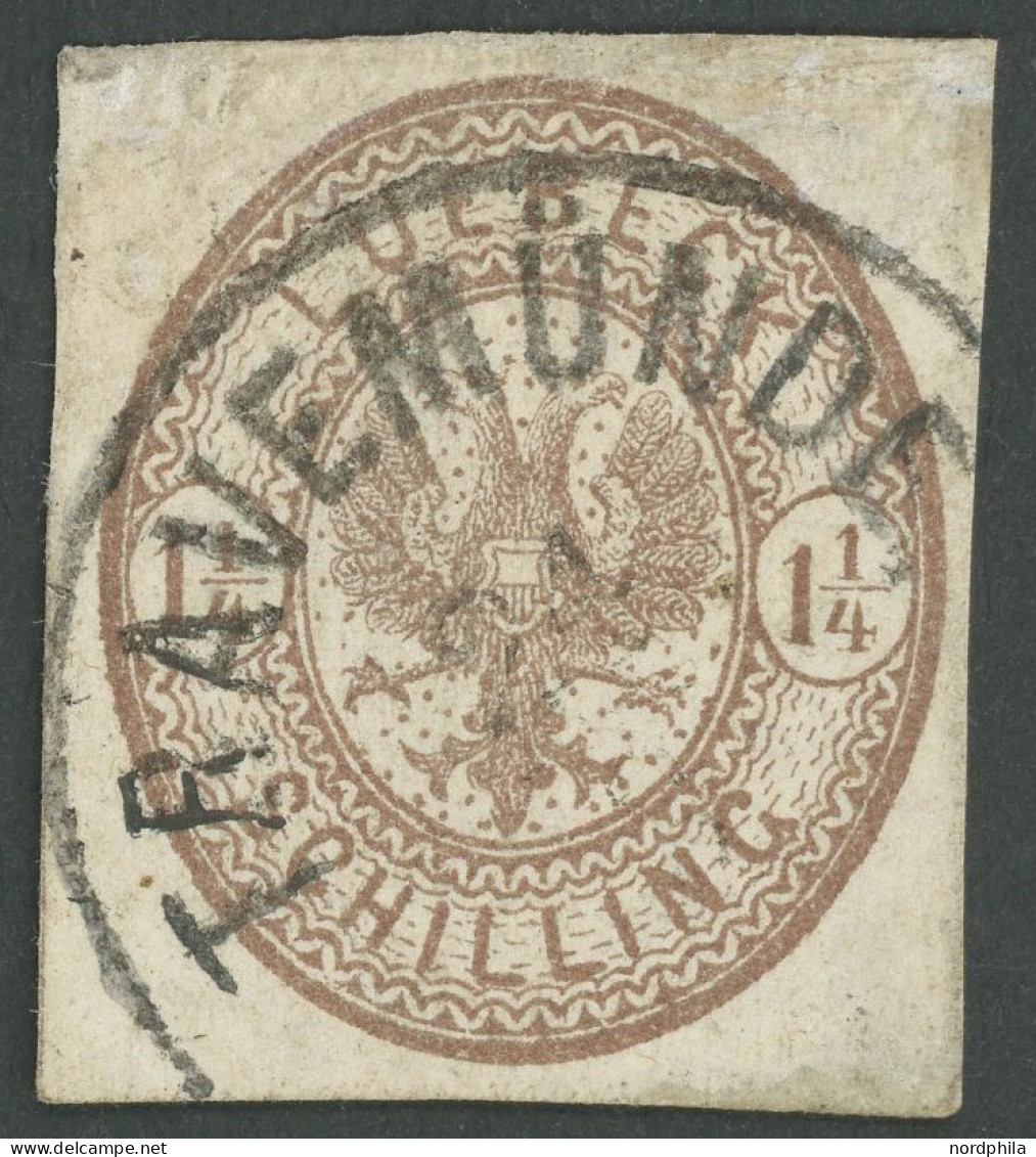 LÜBECK 13b O, 1864, 11/4 S. Dunkelbraun, K1 TRAVEMÜNDE, Feinst (dünne Stellen) - Luebeck