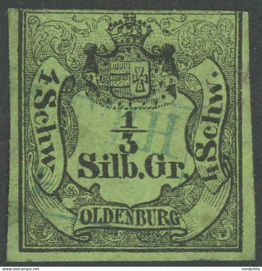 OLDENBURG 1 O, 1855, 1/3 Sgr. Schwarz Auf Grünoliv, Blauer R2 ELSFLETH, Oben Leicht Angeschnitten Und Kleine Knitterspur - Oldenburg