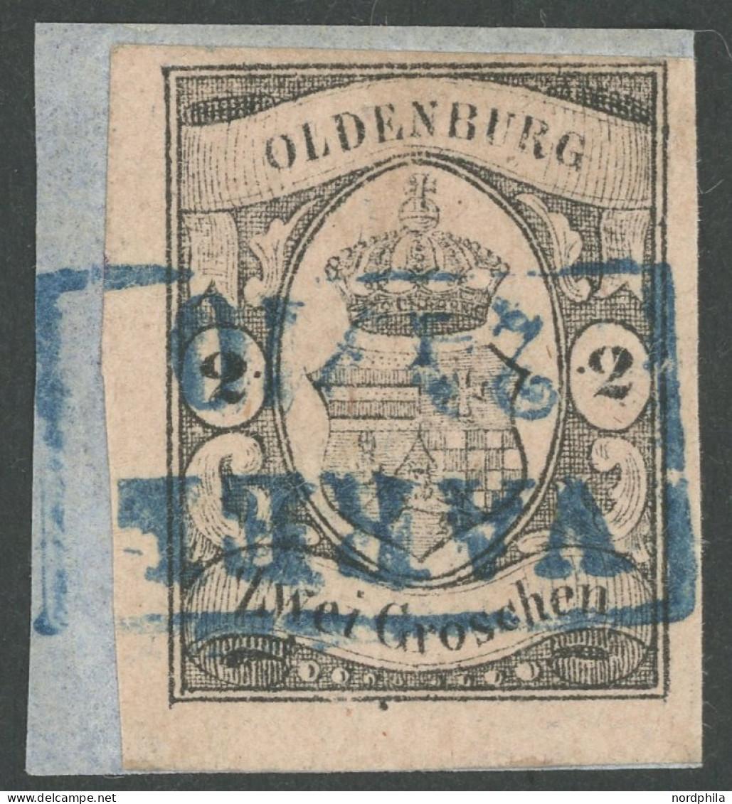 OLDENBURG 7 BrfStk, 1859, 2 Gr. Schwarz Auf Mattrötlichkarmin, Voll-überrandig, Blauer R2 VAREL, Leichte Bugspur Sonst P - Oldenbourg