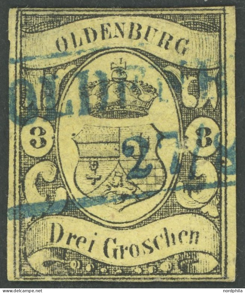 OLDENBURG 8 O, 1859, 3 Gr. Schwarz Auf Graugelb, Blauer R2 OLDENBURG, Feinst (rückseitige Schürfung), Kurzbefund Stegmül - Oldenburg