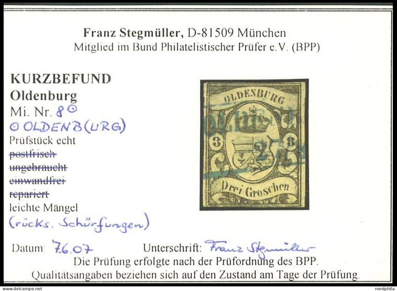 OLDENBURG 8 O, 1859, 3 Gr. Schwarz Auf Graugelb, Blauer R2 OLDENBURG, Feinst (rückseitige Schürfung), Kurzbefund Stegmül - Oldenbourg