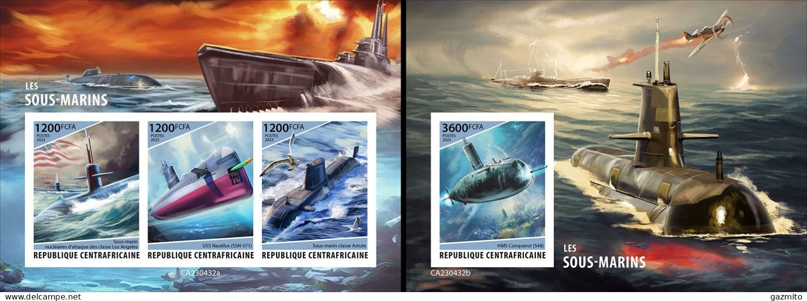 Centrafrica 2023, Submarines, 3val In BF+BF IMPEFORATED - Submarines