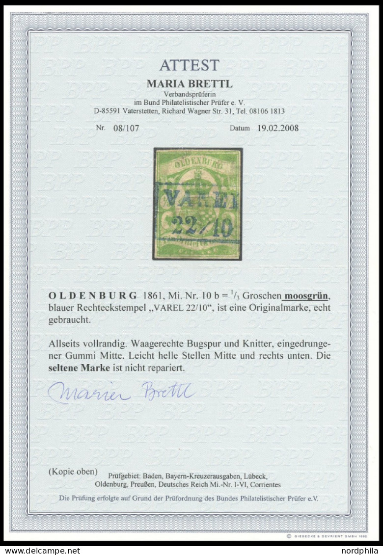 OLDENBURG 10b O, 1861, 1/3 Gr. Moosgrün, Zentrischer Blauer R2 VAREL, Allseits Vollrandig, Feinst (kleine Mängel), Fotoa - Oldenburg