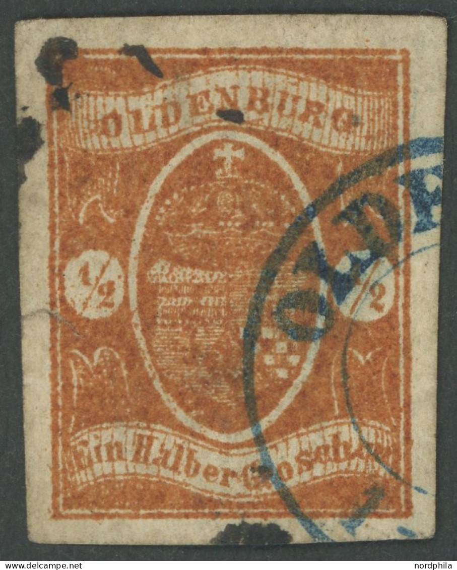 OLDENBURG 11a O, 1861, 1/2 Gr. Hellrotbraun, Allseits Riesenrandig, Kleiner Einriss Und Tintenflecke, Gepr. Brettl, Mi.  - Oldenbourg