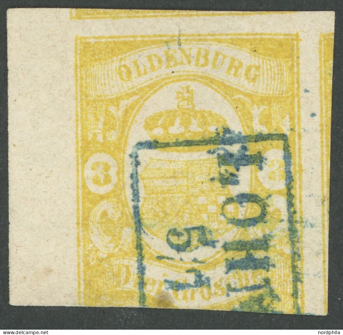 OLDENBURG 14 O, 1861, 3 Gr. Graugelb, Linkes Randstück (5 Mm!), Unten Angeschnitten Sonst Sehr Breitrandig Mit Teilen De - Oldenburg