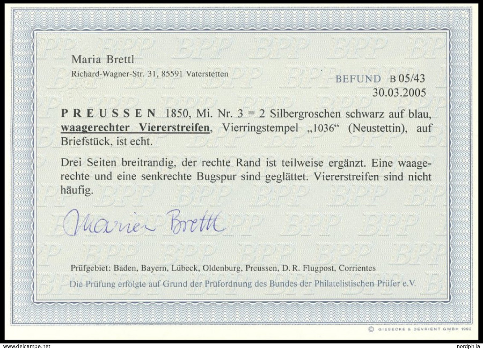 PREUSSEN 3 BrfStk, 1850, 2 Sgr. Schwarz Auf Blau Im Waagerechten Viererstreifen Auf Briefstück, Nummernstempel 1036 (Neu - Andere & Zonder Classificatie