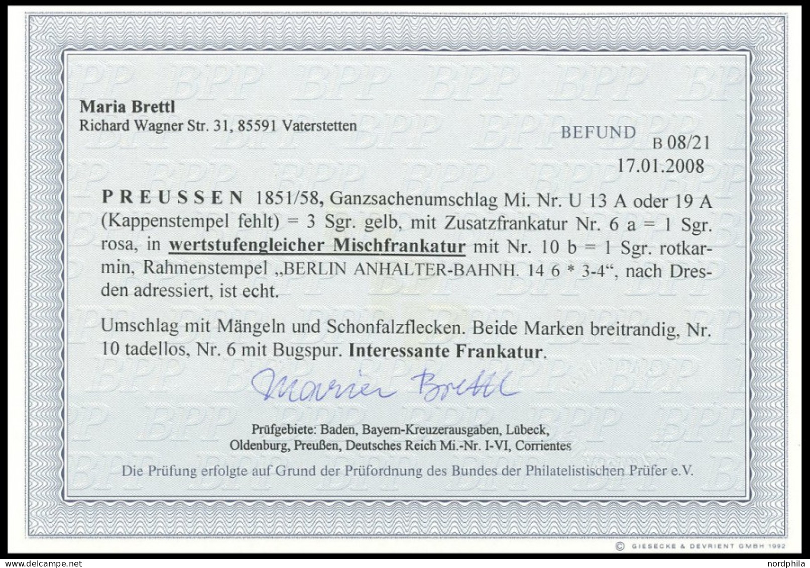 PREUSSEN 6a,10b BRIEF, 1857, 1 Sgr. Rosa, Wertstufengleiche Mischfrankatur Auf 3 Sgr. Gelb Ganzsachenumschlag (rückseiti - Autres & Non Classés