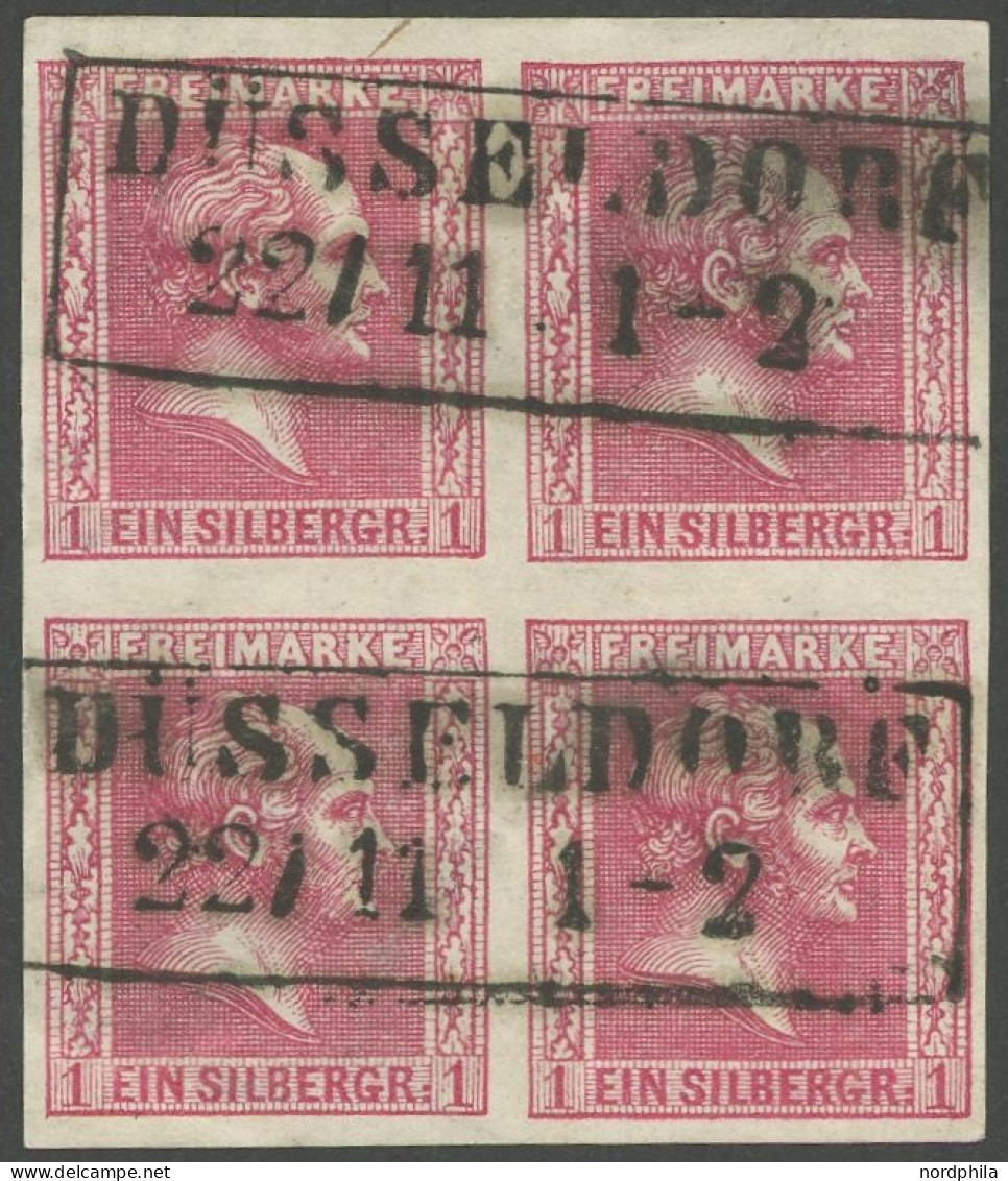 PREUSSEN 10b VB O, 1858, 1 Sgr. Karminrosa Im Viererblock Mit R2 DÜSSELDORF, Rechts Senkrechte Kaum Sichtbare Bugspur So - Sonstige & Ohne Zuordnung