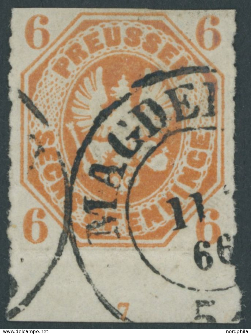 PREUSSEN 15a O, 1861, 6 Pf. Orange, Unterrandstück Mit Nr. 7, Oben Scherentrennung Sonst Pracht - Afgestempeld