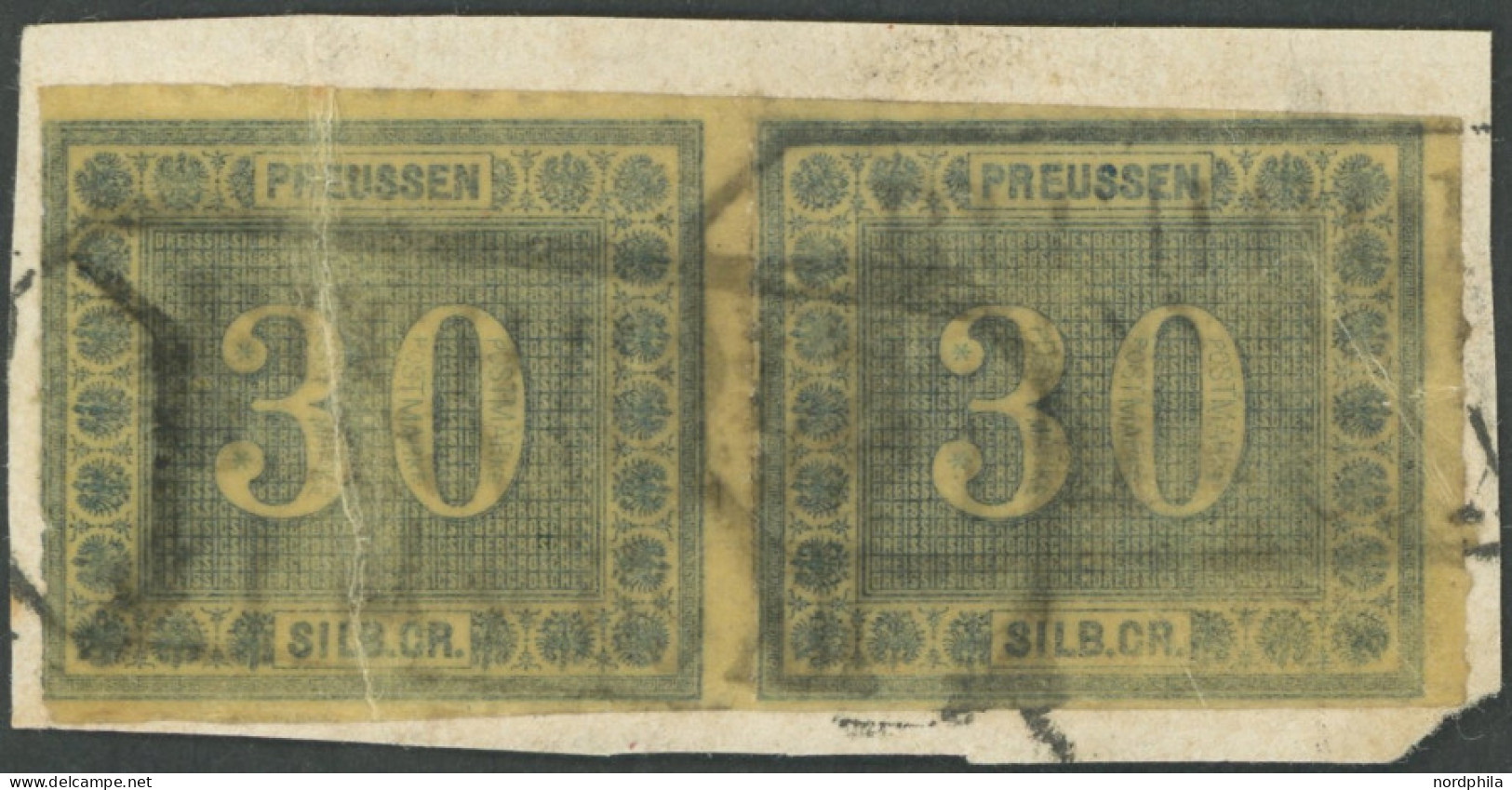 PREUSSEN 21 Paar BrfStk, 1866, 30 Sgr. Dunkelgrünlichblau Im Waagerechten Paar Auf Briefstück Mit Sächsischem R3, Linke  - Autres & Non Classés