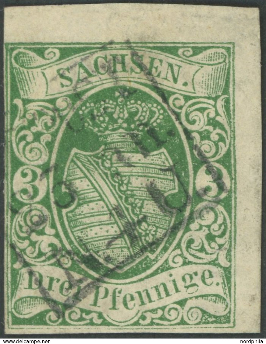 SACHSEN 2Ia O, 1851, 3 Pf. Saftiggrün, Erste Auflage, Obere Rechte Bogenecke, Mit Dresdener Stadtpost Stempel N.4.U., Ka - Saxony