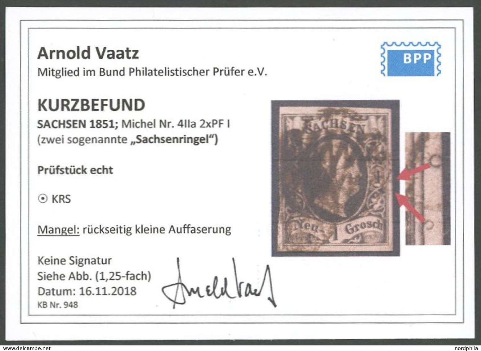 SACHSEN 4IIa PF I O, 1851, 1 Ngr. Schwarz Auf Mattgraurot, Späte Auflage, Im Rechten Rand 2 Sachsenringel, Feinst, Kurzb - Sachsen