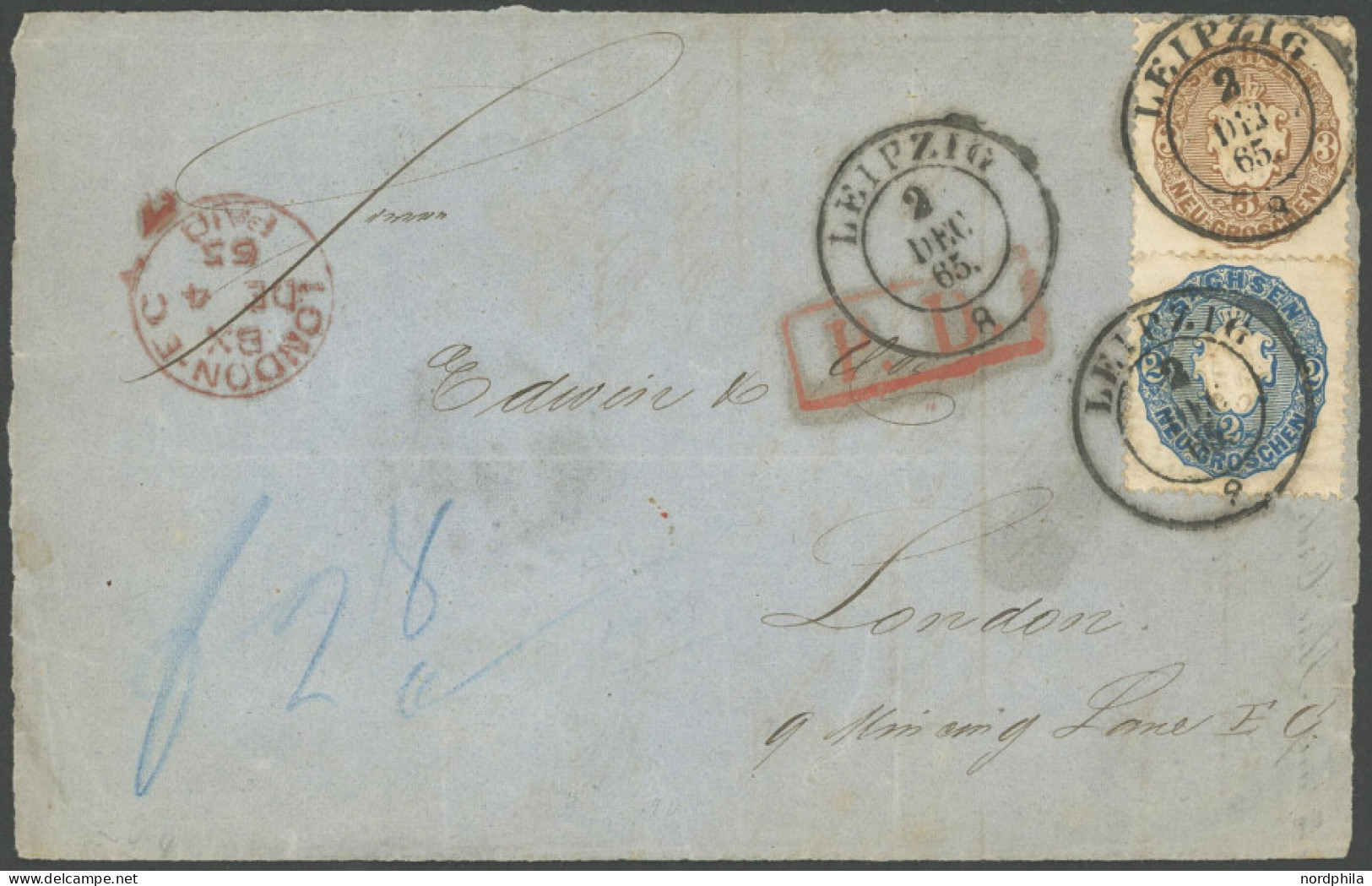 SACHSEN 17a,18b BRIEF, 1865, 2 Ngr. Blau Und 3 Ngr. Braun Auf Briefvorderseite Von LEIPZIG Nach London, 2 Ngr. Waagerech - Sachsen