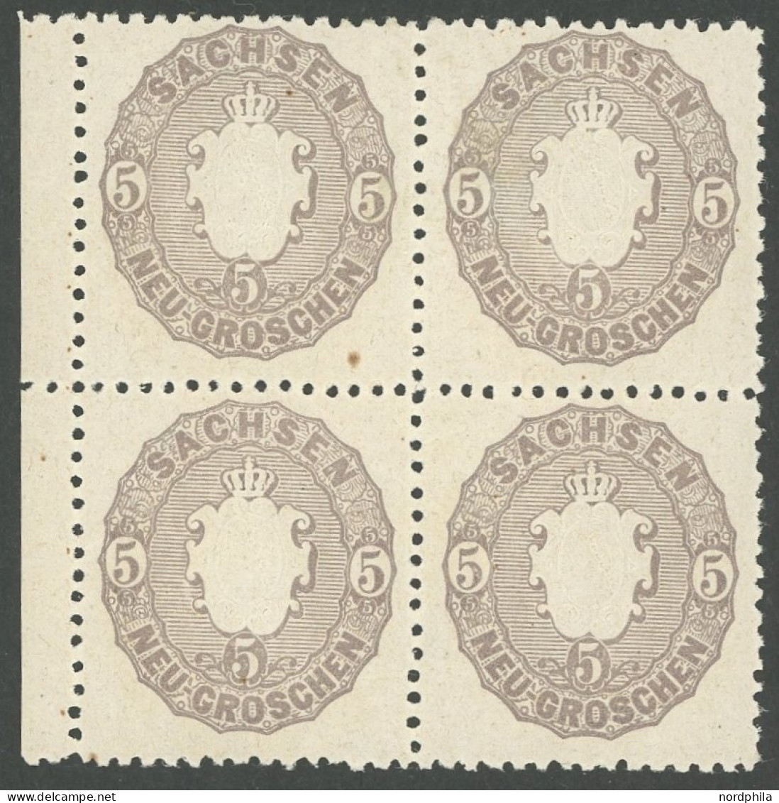 SACHSEN 19da VB , 1867, 5 Ngr. Bräunlichlila Im Postfrischen Randviererblock, Linke Obere Marke Stockpunkt Sonst Pracht, - Saxe