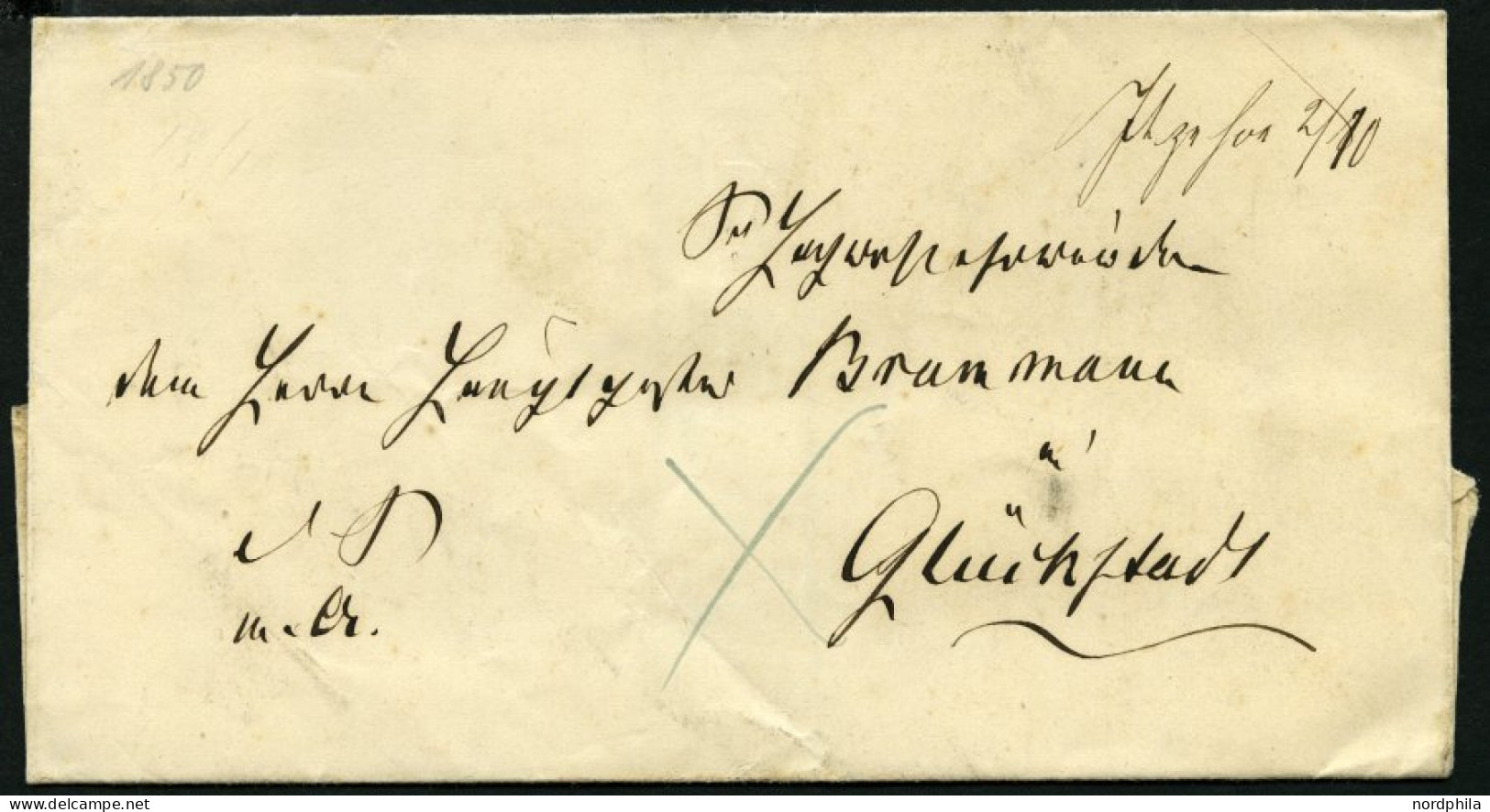 SCHLESWIG-HOLSTEIN ITZEHOE 2/10, Handschriftlich Auf Briefhülle (1850) Nach Glückstadt, Pracht - [Voorlopers