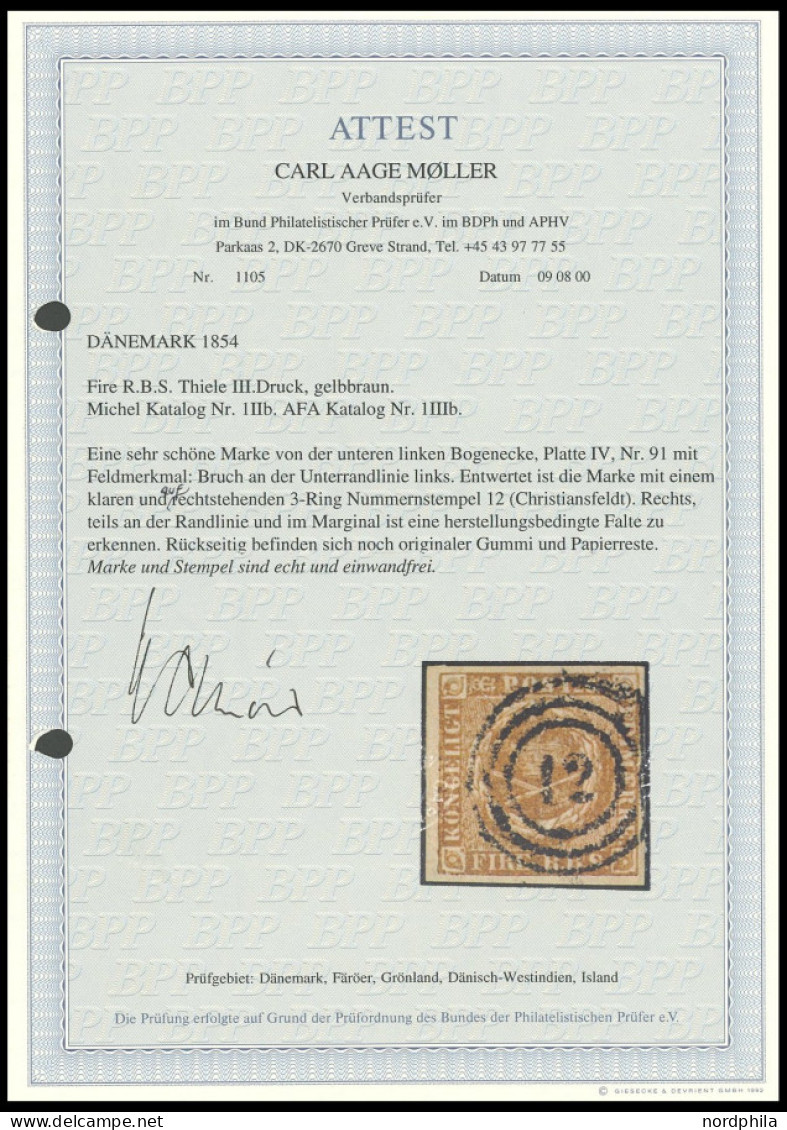 SCHLESWIG-HOLSTEIN DK 1IIc O, 12 (CHRISTIANSFELDT) Auf 4 RBS Gelbbraun, Linke Untere Bogenecke, Platte IV Nr. 91, Kabine - Schleswig-Holstein