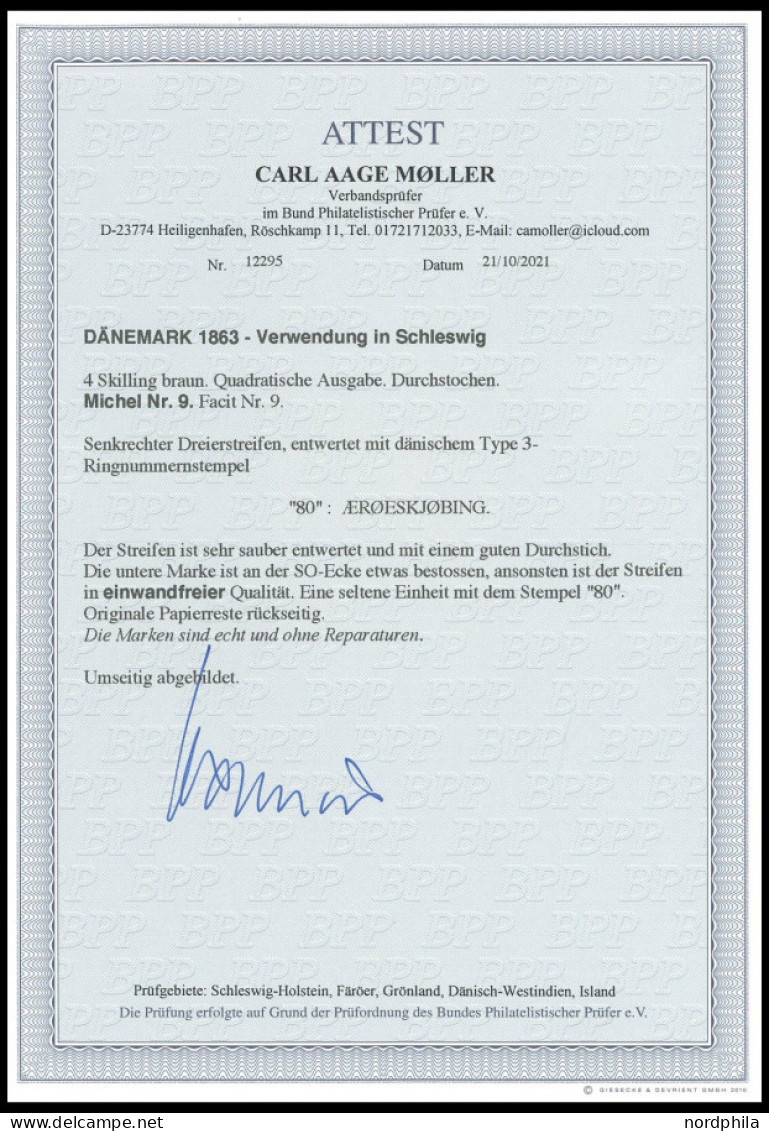 SCHLESWIG-HOLSTEIN DK 9 O, 80 (AERØESKJØBING) Auf Senkrechtem Dreierstreifen 4 S. Durchstochen, Untere Marke Minimaler E - Schleswig-Holstein