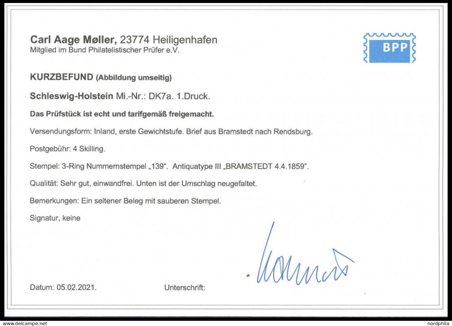 SCHLESWIG-HOLSTEIN DK 7a BRIEF, 139 (BRAMSTEDT) Auf 4 S. Orangebraun Liniert, Prachtbrief Nach Rendsburg, Fotobefund C.A - Schleswig-Holstein