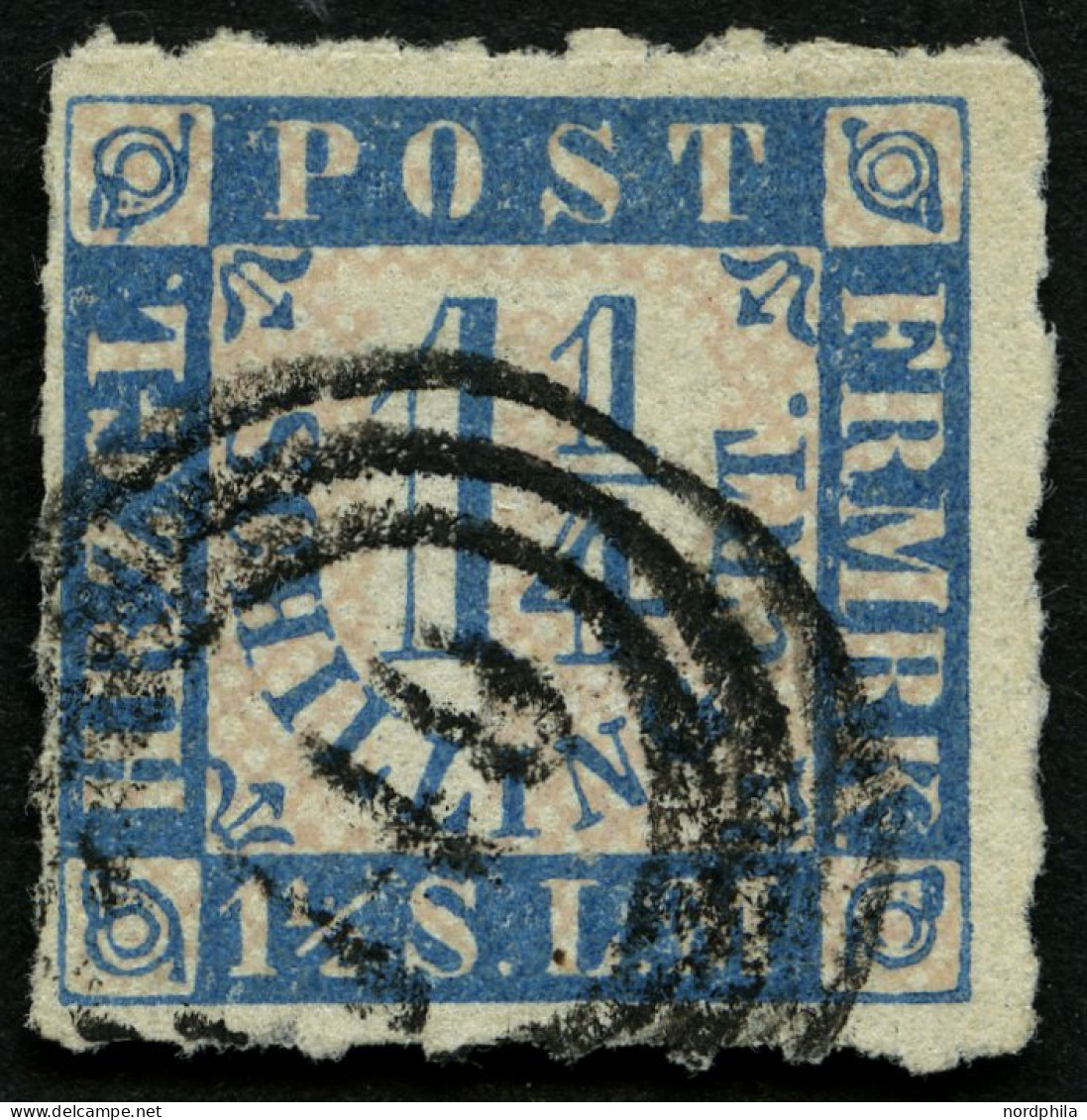 SCHLESWIG-HOLSTEIN 7 O, 149 (MÖLLN) Auf 11/4 S. Mittelblau/weißrosa, Pracht - Schleswig-Holstein