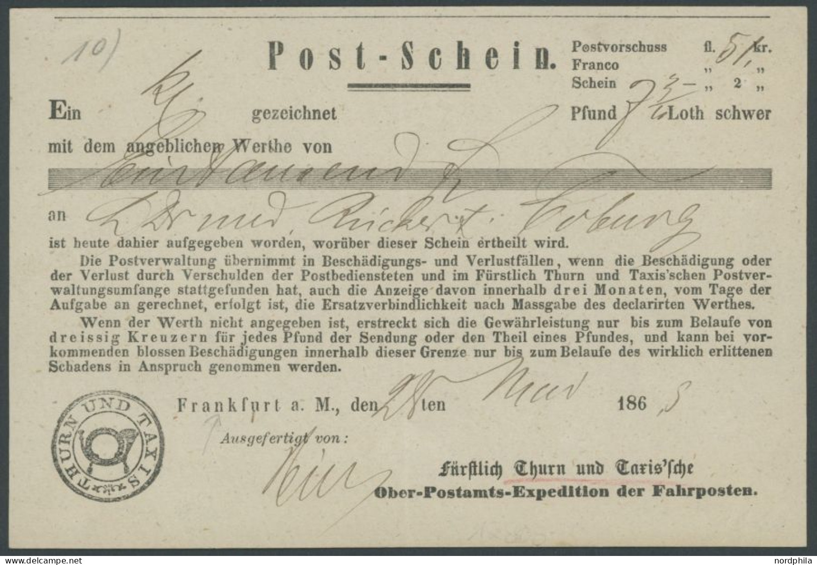 THURN Und TAXIS FRANKFURT A.M., 3 Verschiedene Postscheine (1863-65), Pracht - Préphilatélie