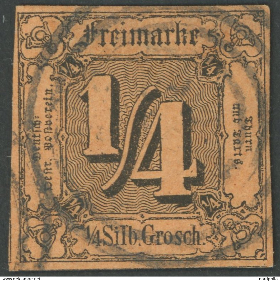 THURN Und TAXIS 1 O, 1854, 11/4 Sgr. Schwarz Auf Dunkelorange, Allseits Breit-überrandig, Kabinett, Gepr. Pfenninger - Oblitérés