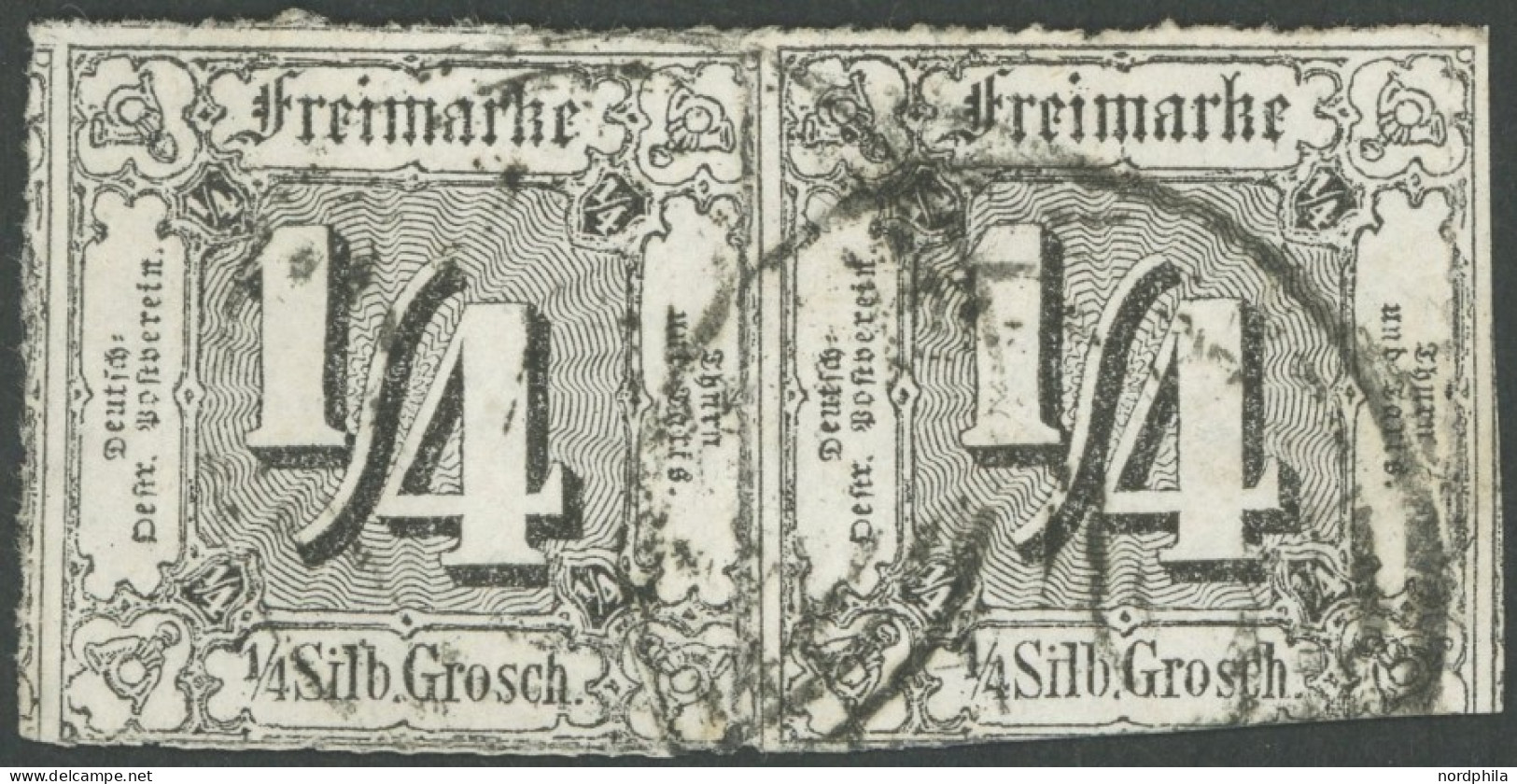 THURN Und TAXIS 35 Paar O, 1867, 1/4 Sgr. Schwarz Im Waagerechten Paar, Nummernstempel 14, Fotobefund Sem: Linke Marke M - Oblitérés