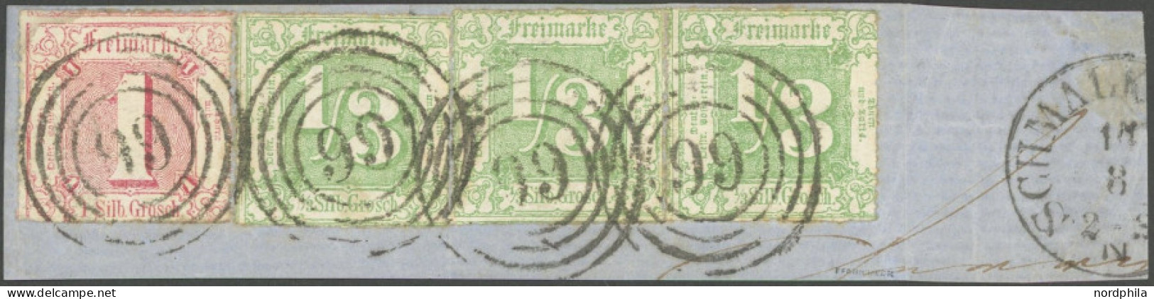 THURN Und TAXIS 36,38 BrfStk, 1865, 1/3 Sgr. Dunkelgelblichgrün, 3-mal Als Streifen Geklebt Mit 1 Sgr. Karminrot Auf Bri - Autres & Non Classés