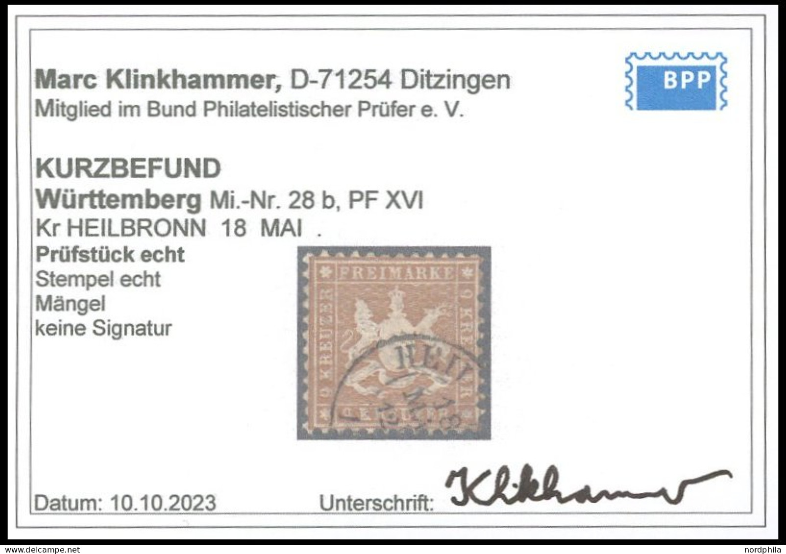 WÜRTTEMBERG 28b PF XVI O, 1863, 9 Kr. Gelbbraun Mit Plattenfehler XVI, Feinst, Kurzbefund Klinkhammer - Otros & Sin Clasificación