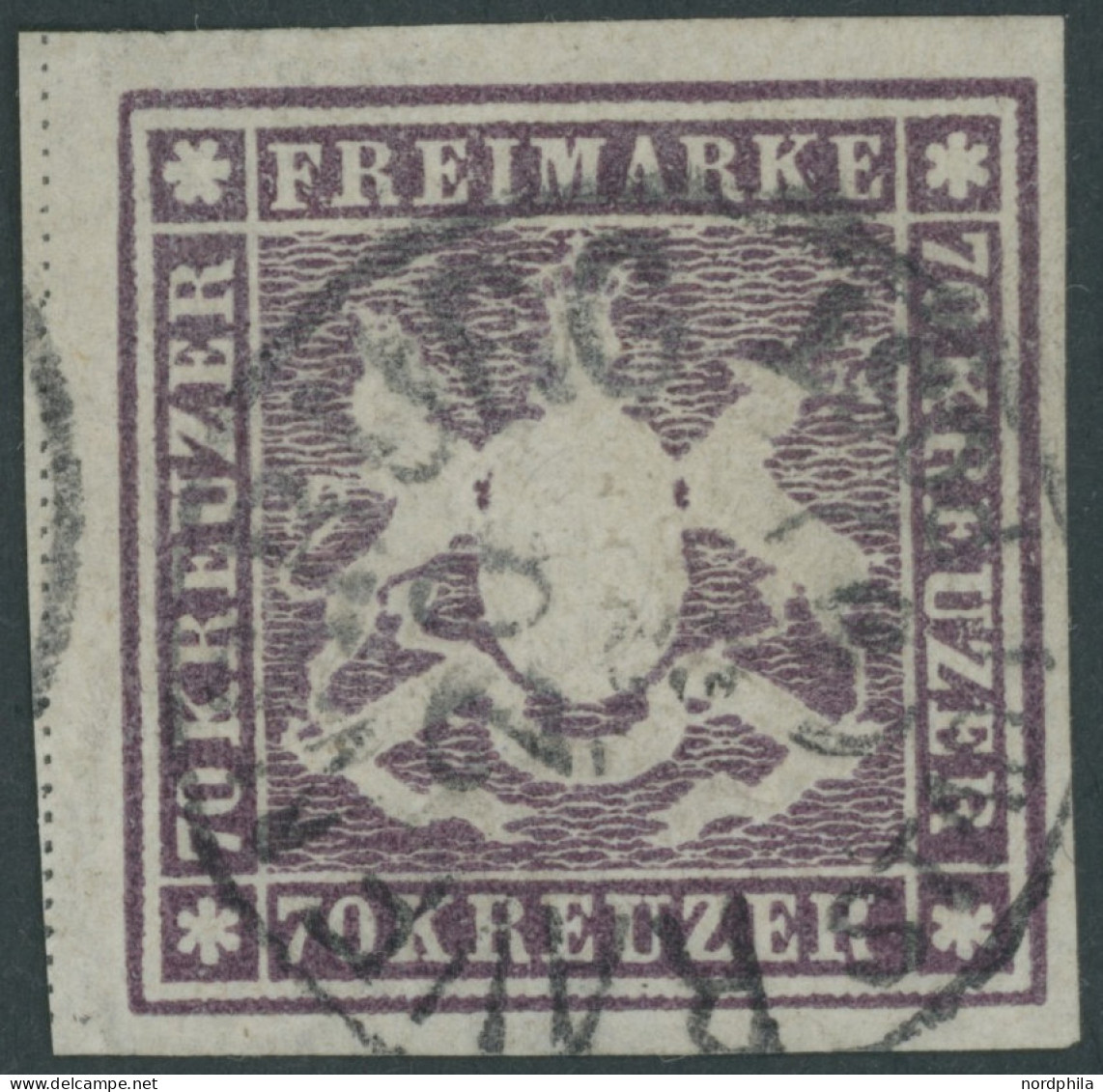 WÜRTTEMBERG 42a O, 1873, 70 Kr. Braunlila, K1 RAVENSBURG, Links Mit Vollständiger Trennlinie, Farbfrisches Kabinettstück - Other & Unclassified