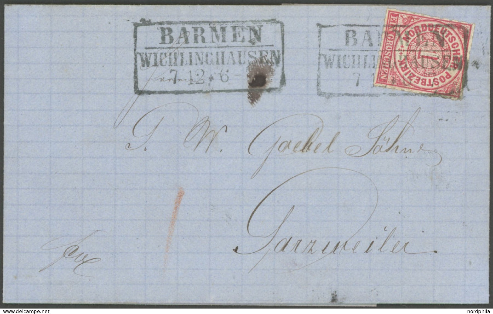 NDP 4 BRIEF, 1868, 1 Gr. Mittelrötlichkarmin Mit R3 BARMEN WICHLINGHAUSEN Auf Prachtbrief Nach Ganzweiler - Brieven En Documenten