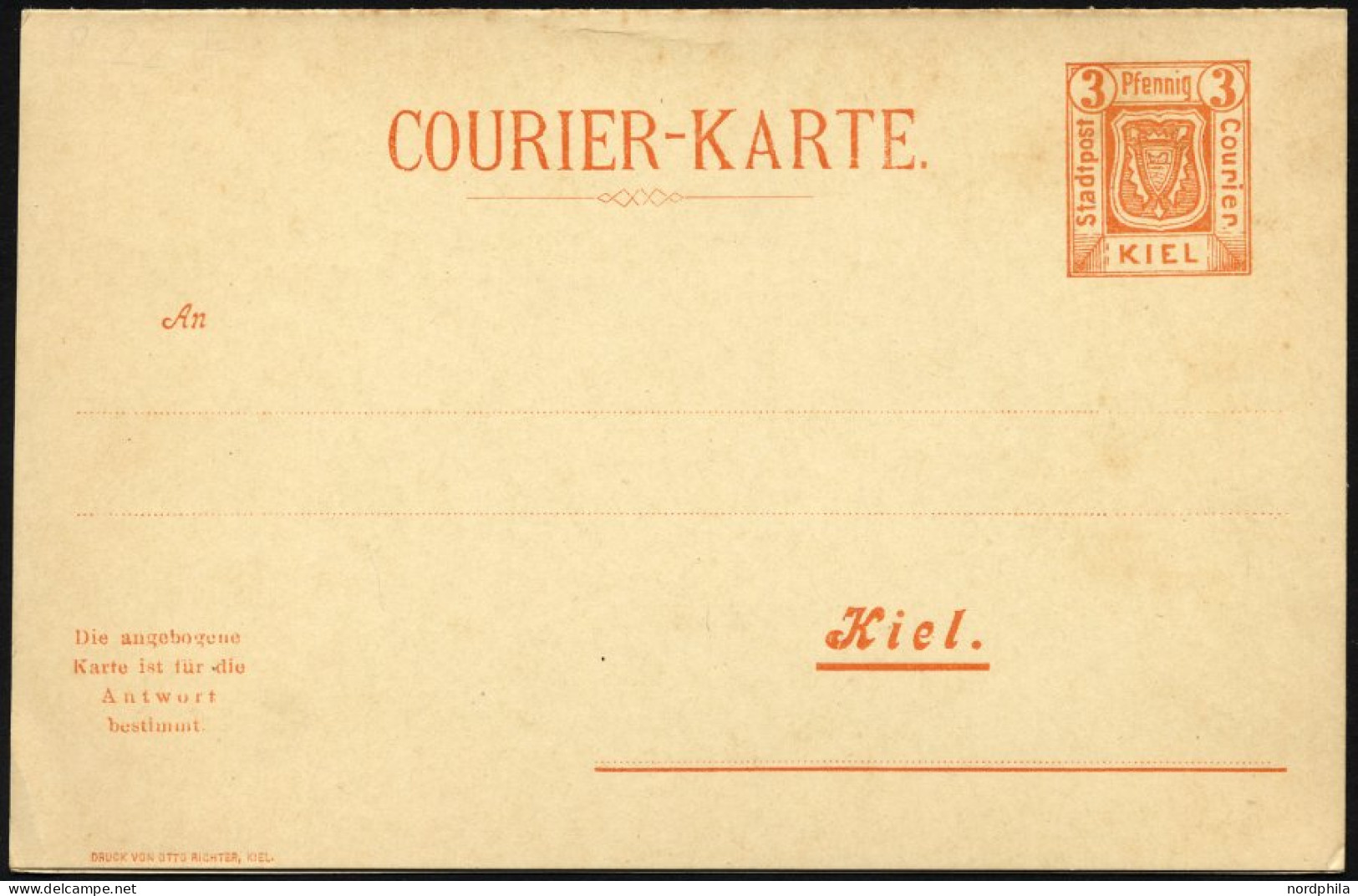 KIEL A P 22 BRIEF, COURIER: 1899, 3/3 Pf. Orange, Antwort-Doppelkarte, Ungebraucht, Pracht, R! - Privatpost