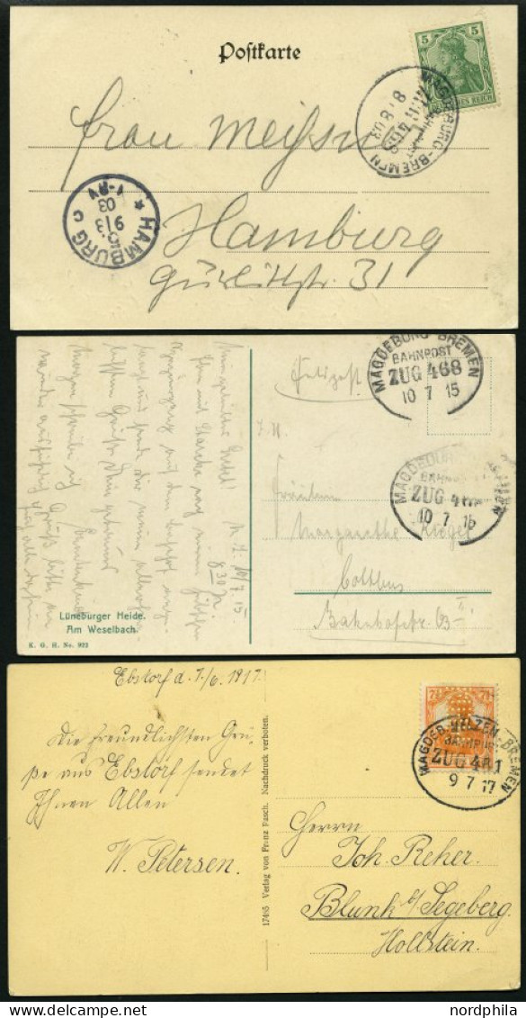 BAHNPOST Magdeburg-Bremen (Zug 268 (2x) Und 481), 1903-1917, 3 Ansichtskarten Sowie L3 Auf Brief Nach Stendal Von 1876,  - Frankeermachines (EMA)